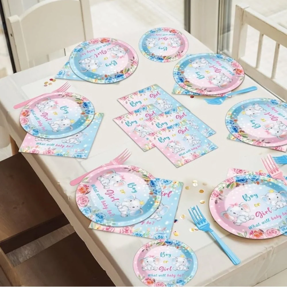 Elephant gender reveal she or he what will be tablewares set pink blue.71 pcs